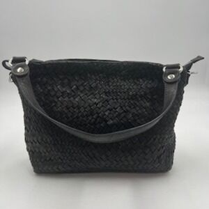 Enzo Poli Black Woven Leather Hobo Shoulder Bag Silver Hardware Medium